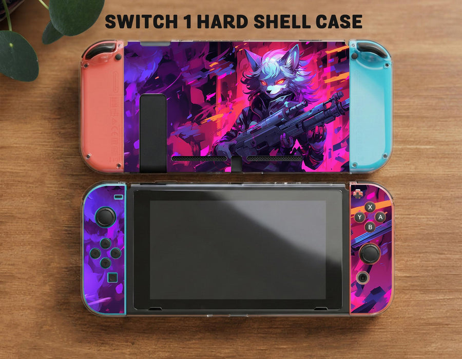 Switch carrying case with a neon wolf design in pink, purple, blue, and black on a dark background.