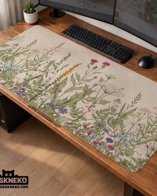 A desk mat with a botanical meadow design featuring wildflowers, leafy stems, and soft neutral colors.