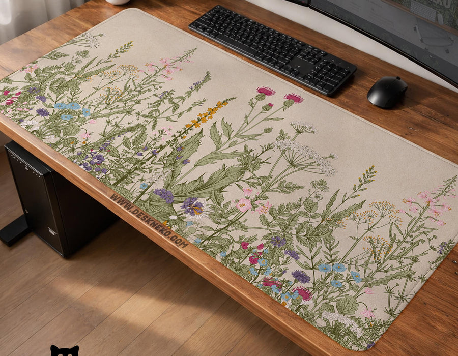 A desk mat with a botanical meadow design featuring wildflowers, leafy stems, and soft neutral colors.