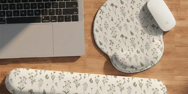 Beige mousepad and keyboard wrist rest with a soft sage wildflower print.