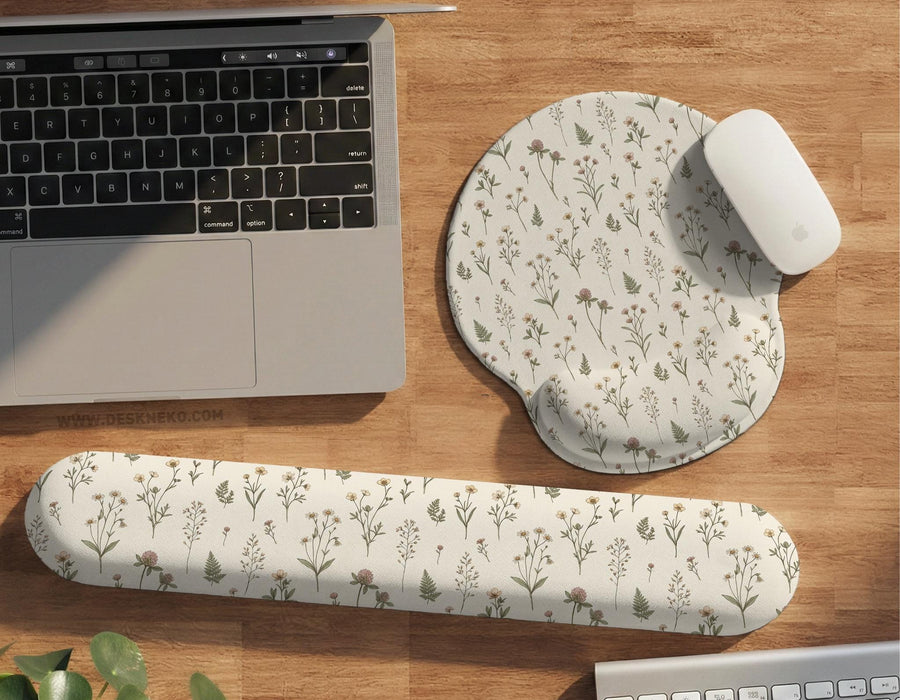 Beige mousepad and keyboard wrist rest with a soft sage wildflower print.