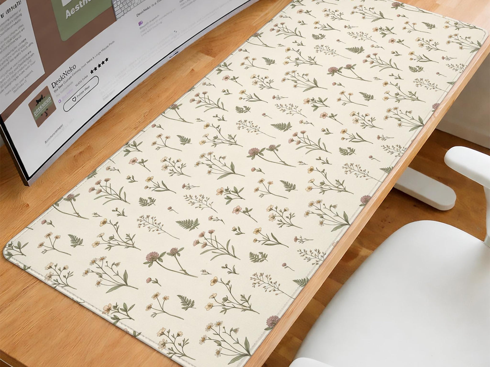 Desk mat with a sage green background, tiny wildflowers, and a vintage botanical floral pattern.