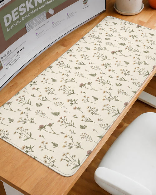 Desk mat with a sage green background, tiny wildflowers, and a vintage botanical floral pattern.