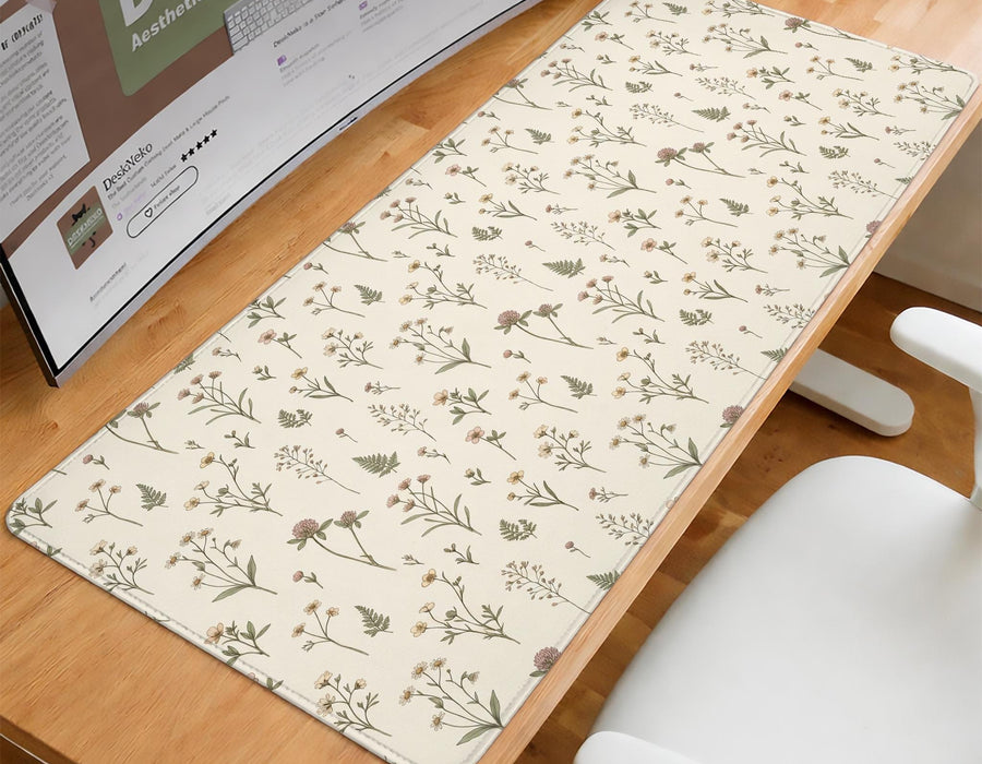 Desk mat with a sage green background, tiny wildflowers, and a vintage botanical floral pattern.
