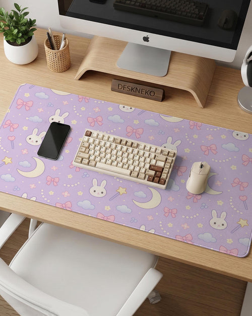 Pastel lavender desk mat with an all-over pattern of bunnies, crescent moons, clouds, bows, stars, and small flowers.