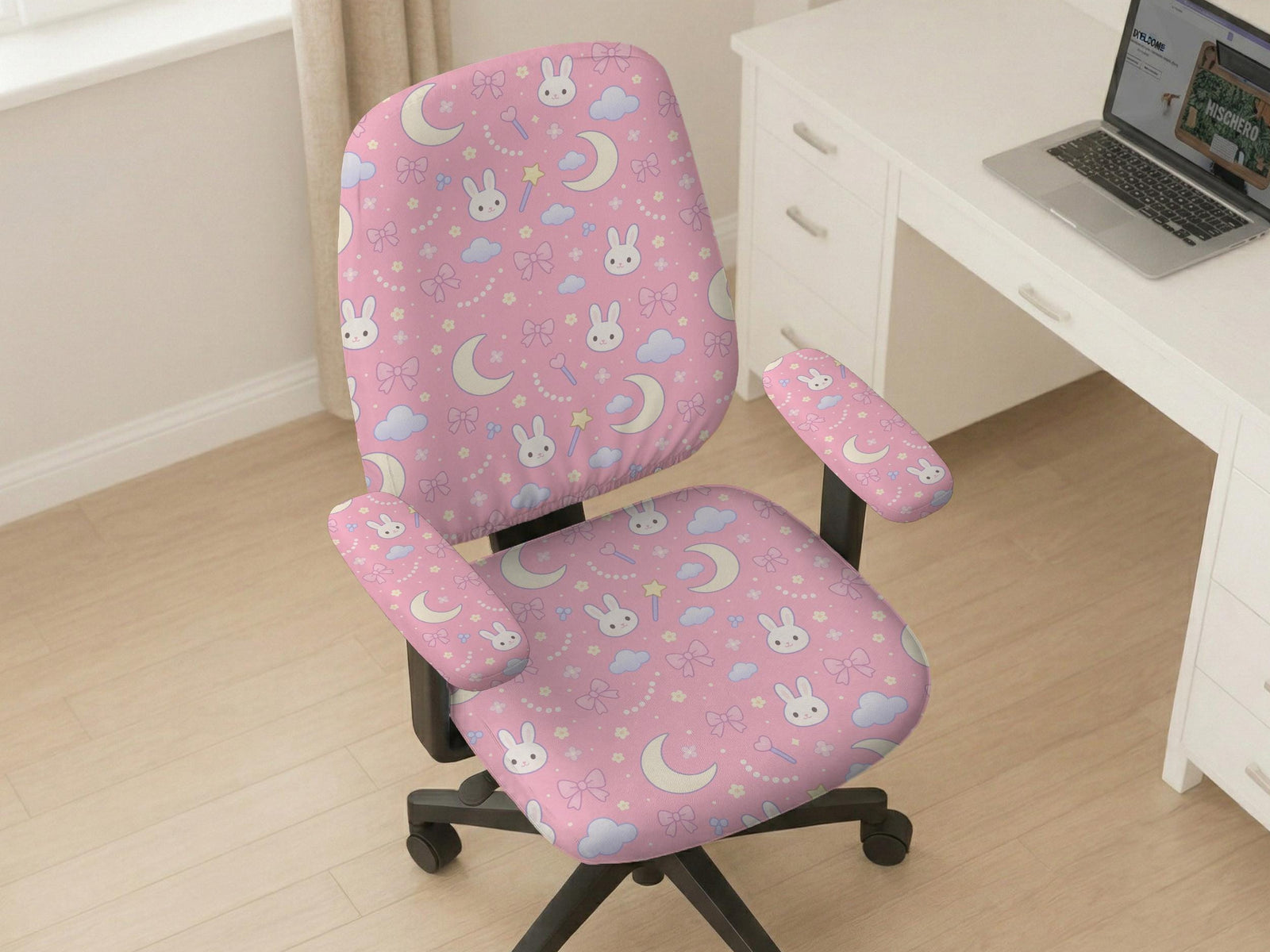 Pastel desk chair covers with a bunny print, clouds, moons, bows, stars, and small kawaii character details shown in multiple fit options.