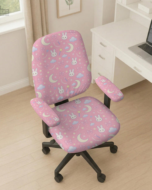 Pastel desk chair covers with a bunny print, clouds, moons, bows, stars, and small kawaii character details shown in multiple fit options.