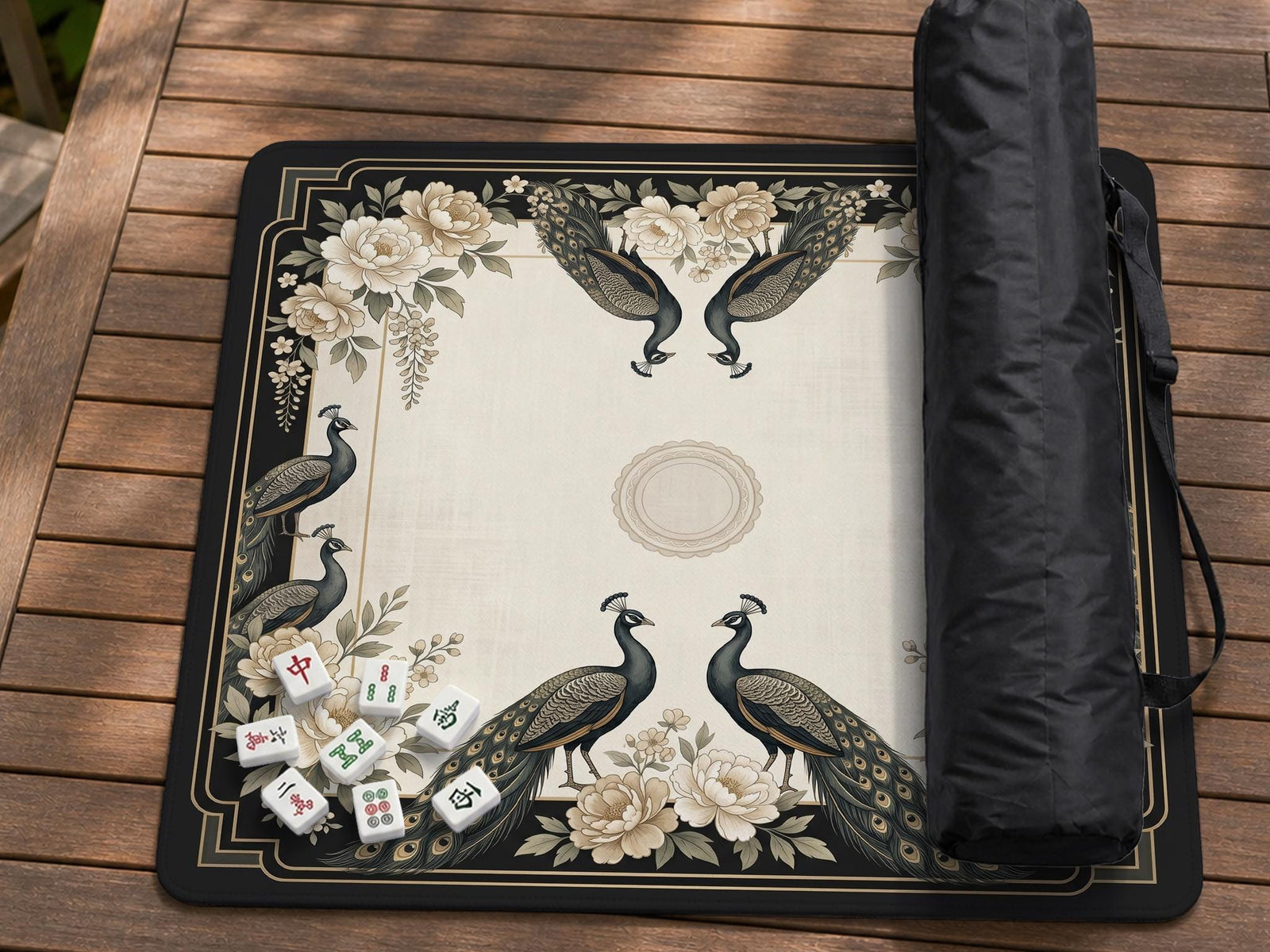 Cream mahjong table mat with a chinoiserie floral border, dark peacocks, soft gold linework, and an open center area.