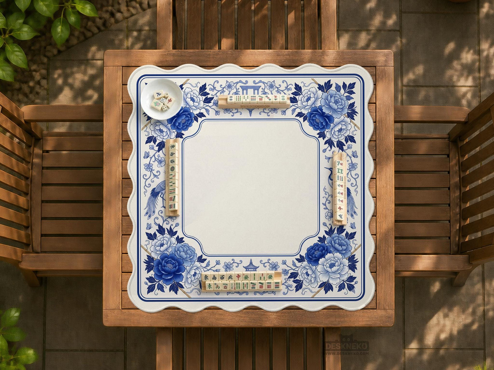Square mahjong table mat with a blue and white floral design, bird artwork, peonies, vines, and a framed play area.