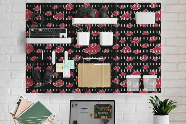 Black pegboard panels with red cloud pattern, shown with hooks, shelves, containers, clips, and a letter holder.