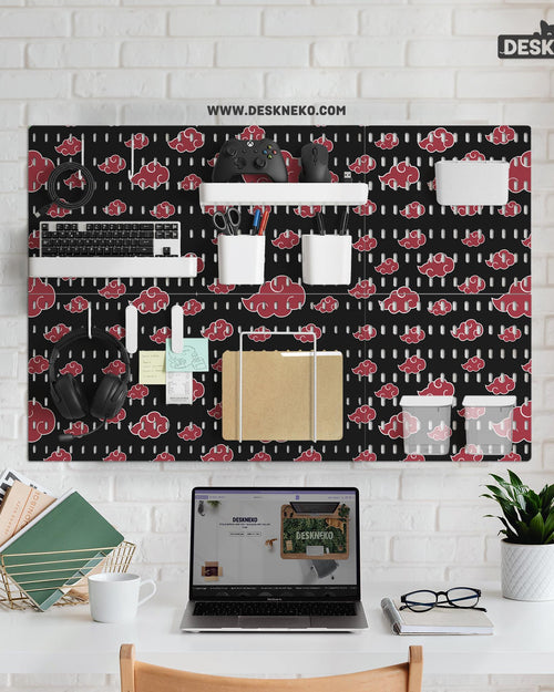 Black pegboard panels with red cloud pattern, shown with hooks, shelves, containers, clips, and a letter holder.