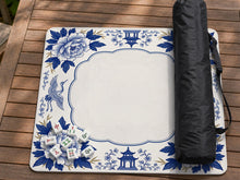 Square mahjong mat with a blue porcelain-style border, floral corner designs, crane details, and a plain center area.