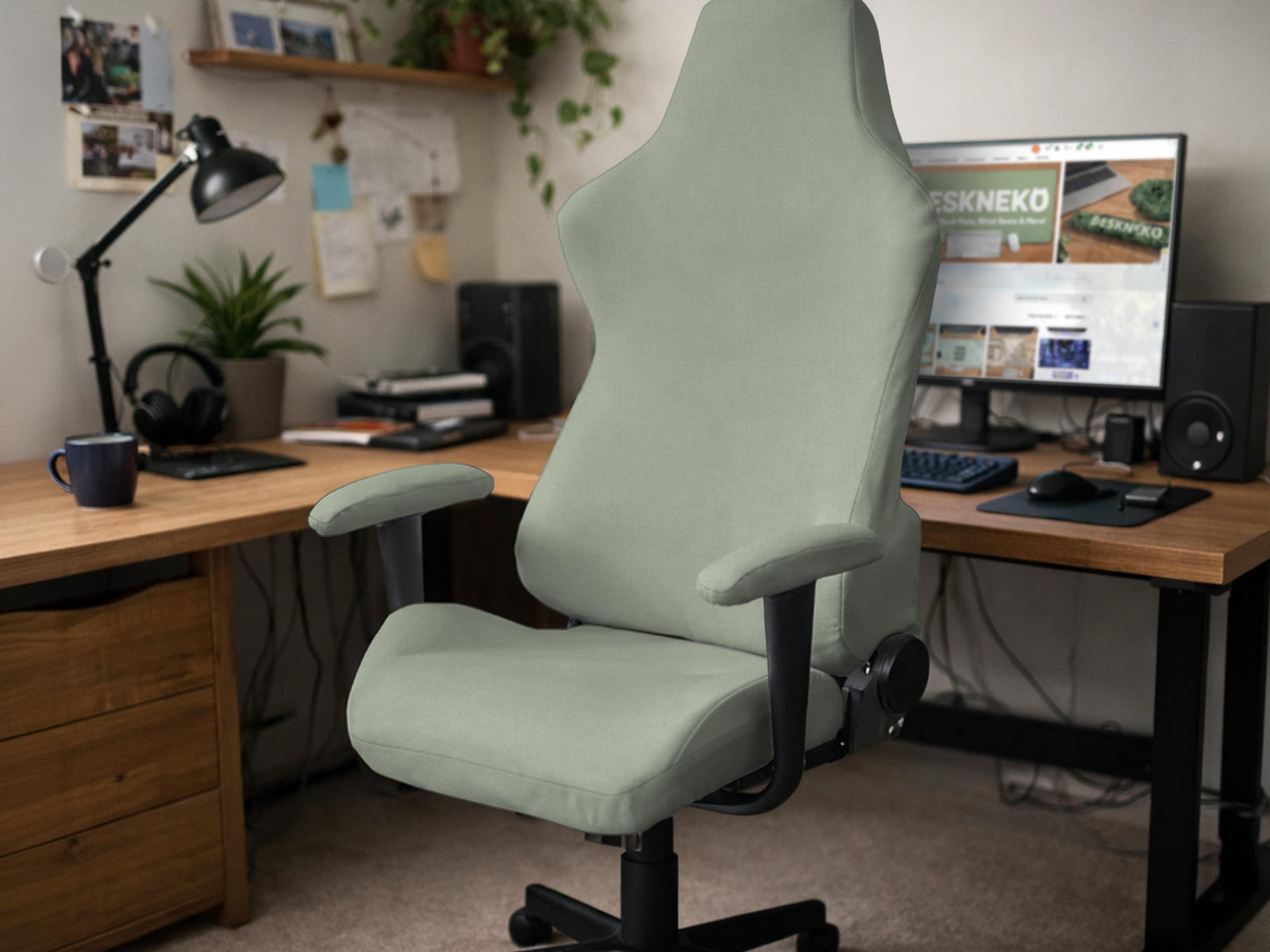 Sage green chair cover options shown for a high back gaming or office chair, including full chair cover, back and seat cover, seat-only cover, and armrest-only cover styles.