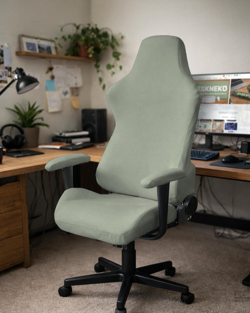 Sage green chair cover options shown for a high back gaming or office chair, including full chair cover, back and seat cover, seat-only cover, and armrest-only cover styles.