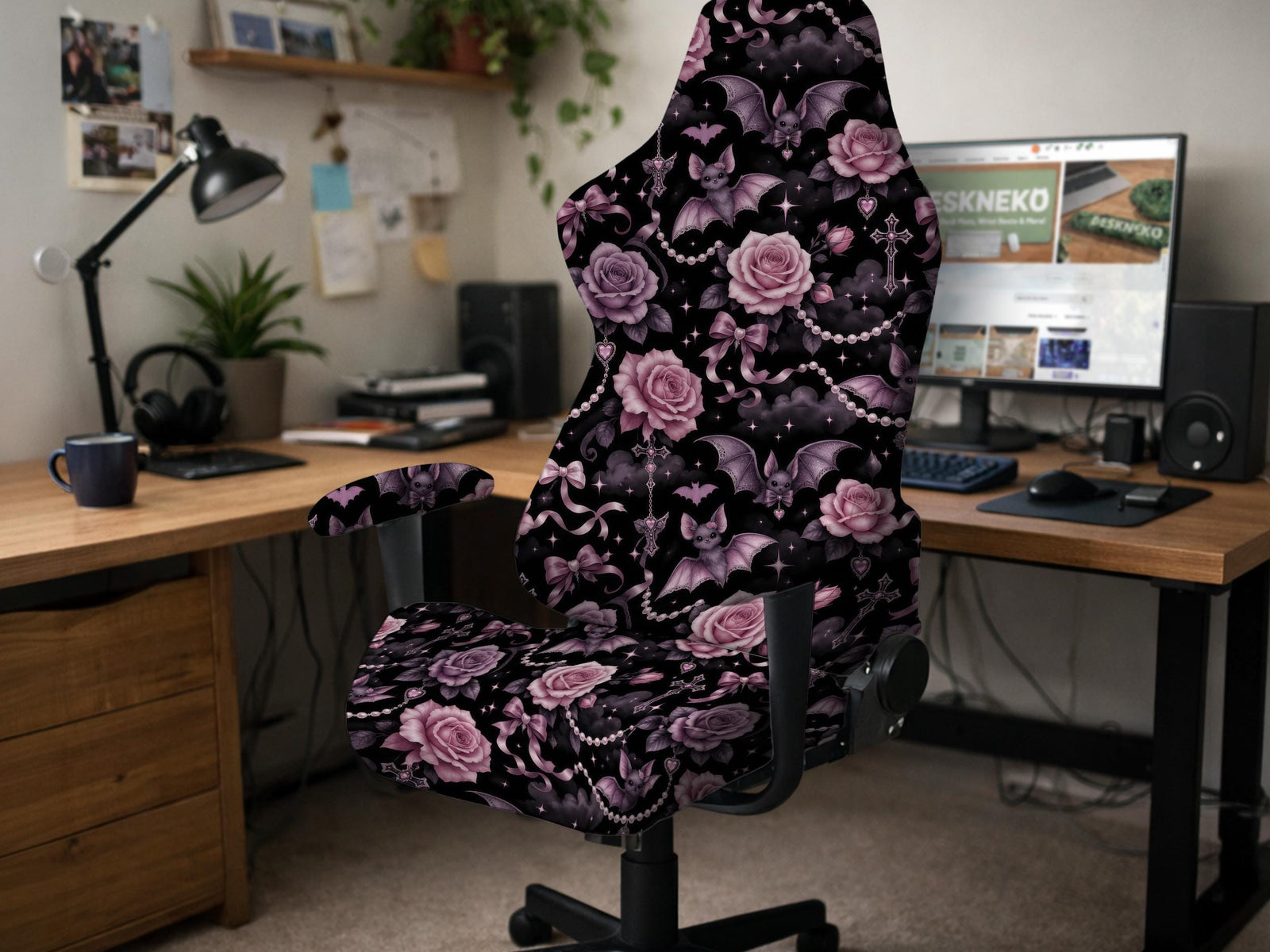 Black chair cover with gothic roses, bats, bows, pearl chains, moons, and purple pink details.