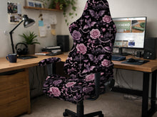 Black chair cover with gothic roses, bats, bows, pearl chains, moons, and purple pink details.