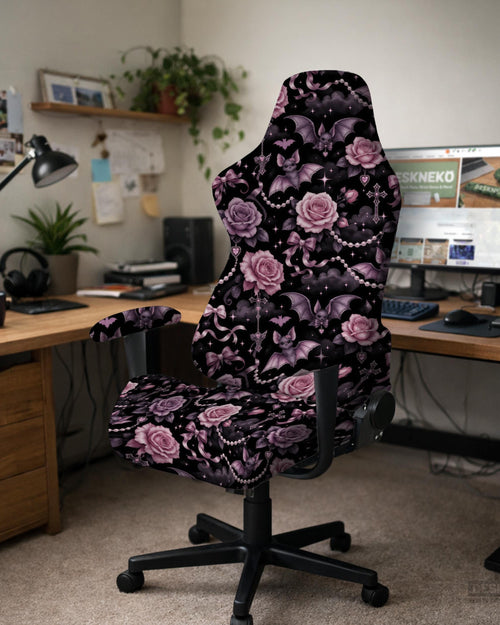 Black chair cover with gothic roses, bats, bows, pearl chains, moons, and purple pink details.