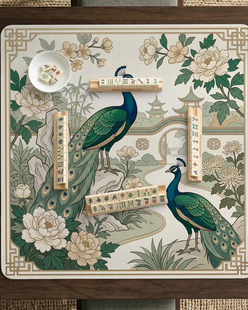 An ivory mahjong mat with a peacock garden design, green botanicals, cream peonies, bamboo leaves, pagoda details, and geometric corner borders.