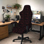 Black and red chair cover with a repeated red dice pattern on a high back chair.