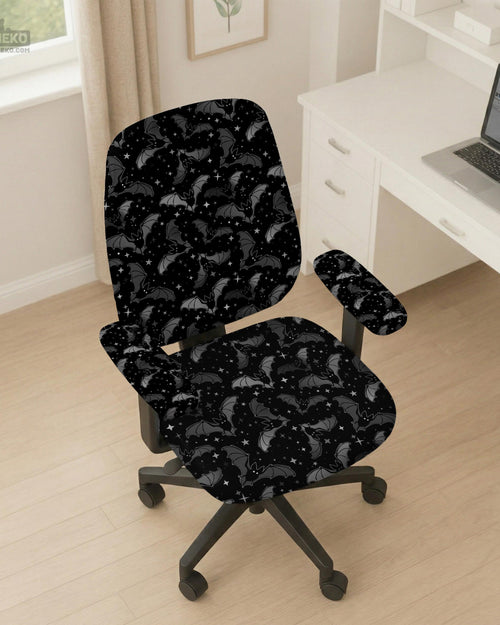 Black and gray chair cover with a bat and star print shown on an office chair.