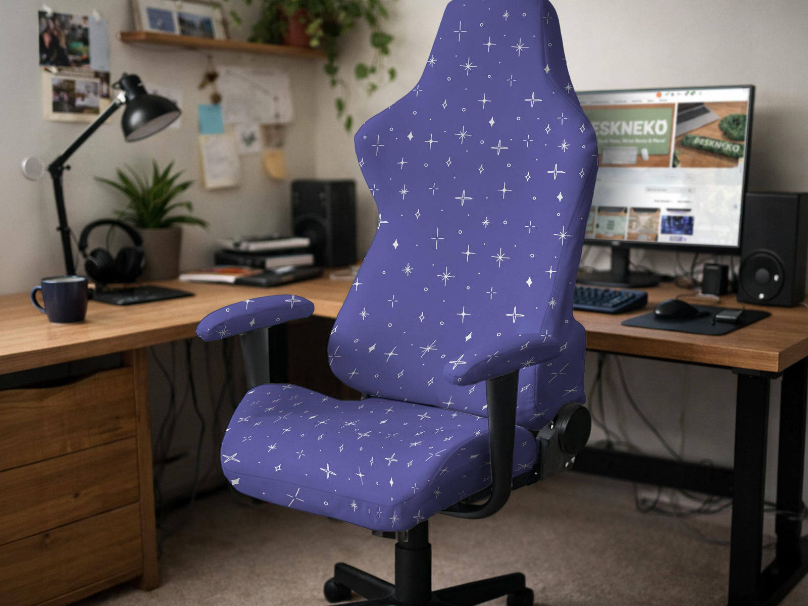 Purple chair cover with a star pattern shown on a gaming chair, with multiple cover options listed for full chair, back and seat, seat only, and armrests.