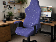 Purple chair cover with a star pattern shown on a gaming chair, with multiple cover options listed for full chair, back and seat, seat only, and armrests.