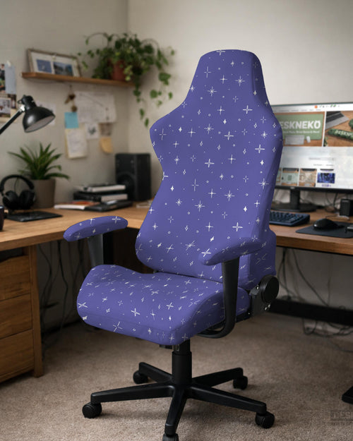 Purple chair cover with a star pattern shown on a gaming chair, with multiple cover options listed for full chair, back and seat, seat only, and armrests.
