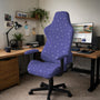 Purple chair cover with a star pattern shown on a gaming chair, with multiple cover options listed for full chair, back and seat, seat only, and armrests.