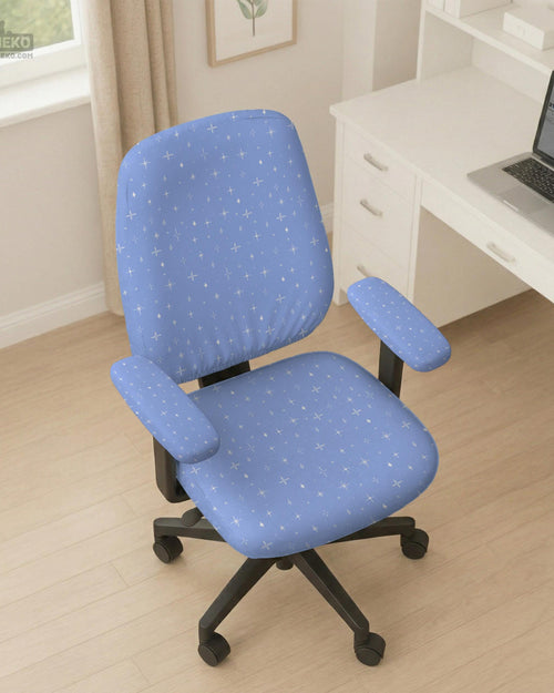 Blue desk chair cover with a celestial star and moon pattern shown in multiple coverage options for a chair.