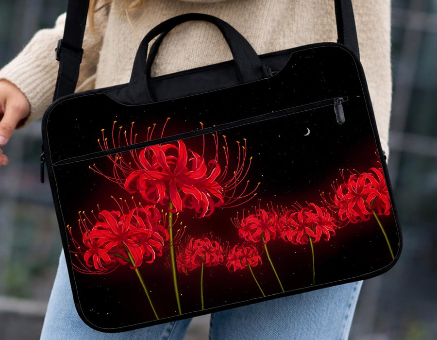 Laptop sleeve and bag with a red spider lily floral design, black starry background, and small crescent moon.