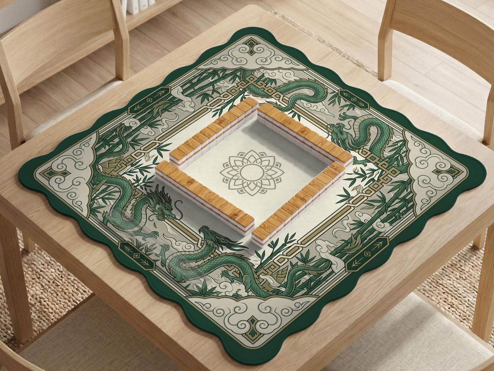 Green mahjong table mat with a dragon design, bamboo graphics, and a cloud border around an open center.