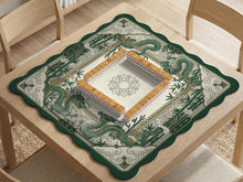 Green mahjong table mat with a dragon design, bamboo graphics, and a cloud border around an open center.