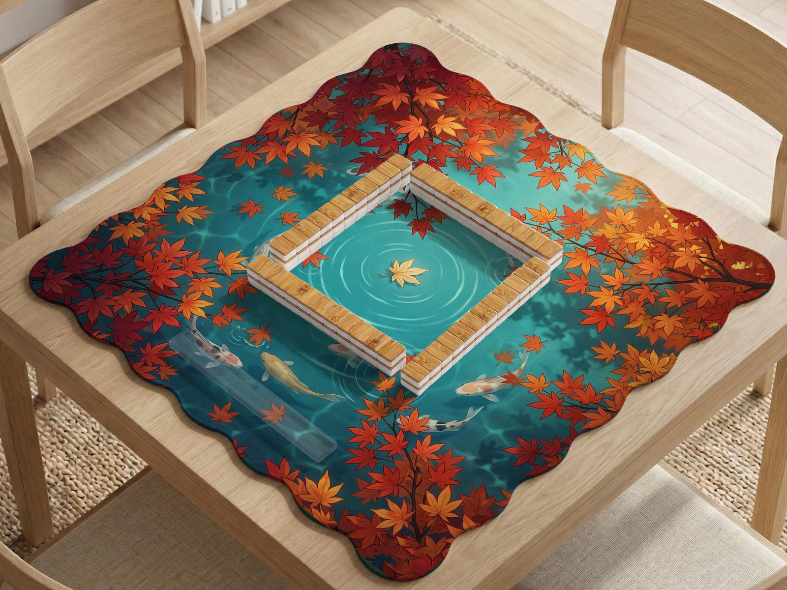 Square teal mahjong mat with koi fish, falling autumn leaves, and pond water artwork.
