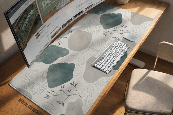 A desk mat with sage green abstract blocks, cream space, gray stone-like shapes, fine topographic contour lines, and small branch details.
