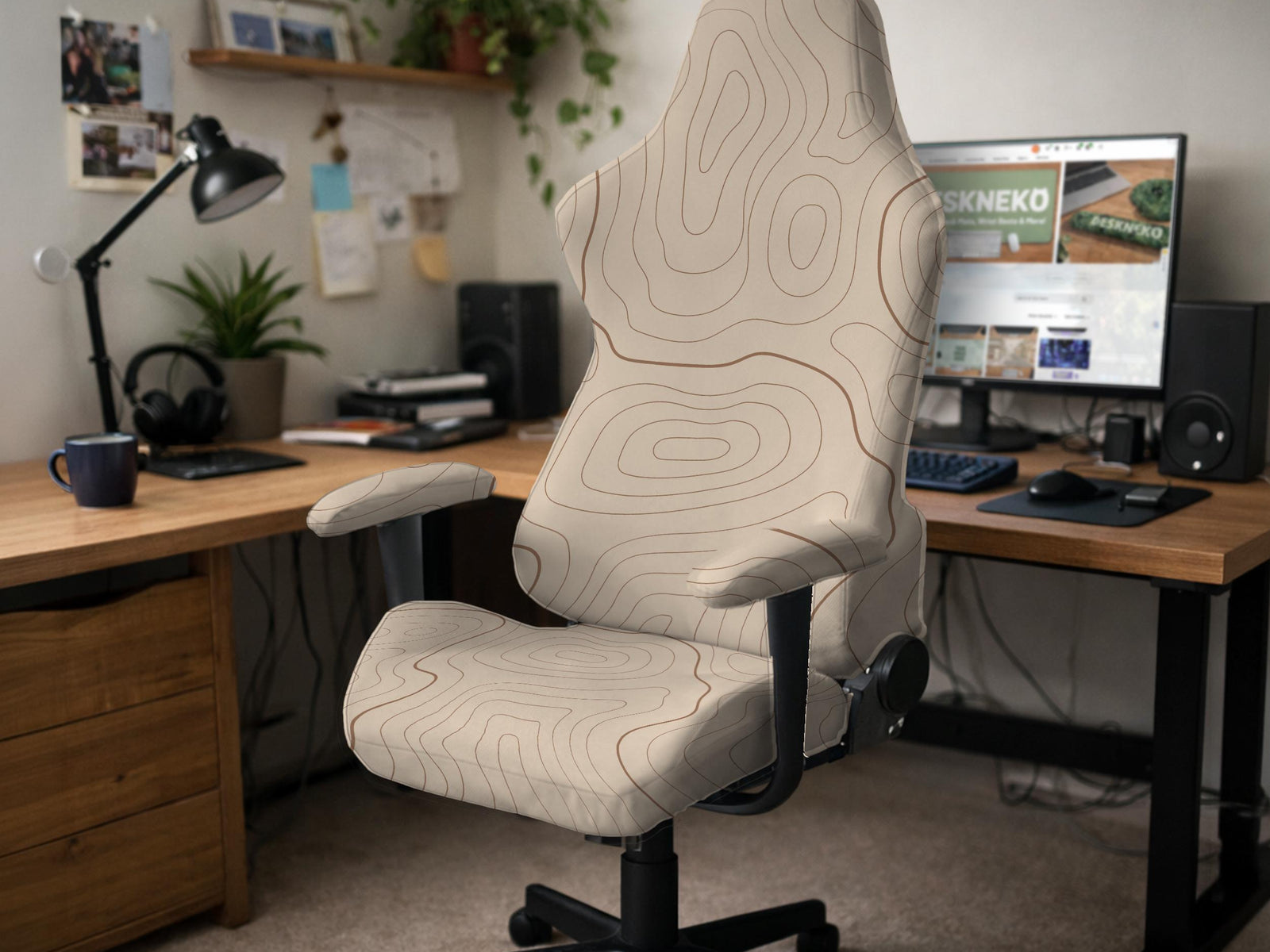 Beige chair cover with a minimalist topographic line pattern shown on a high back chair with armrests.