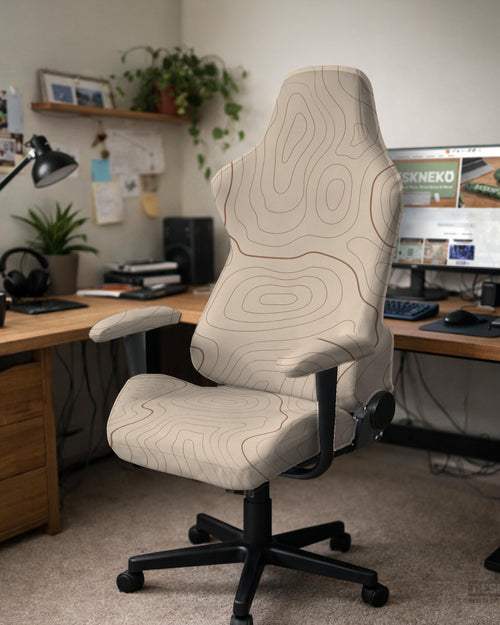 Beige chair cover with a minimalist topographic line pattern shown on a high back chair with armrests.
