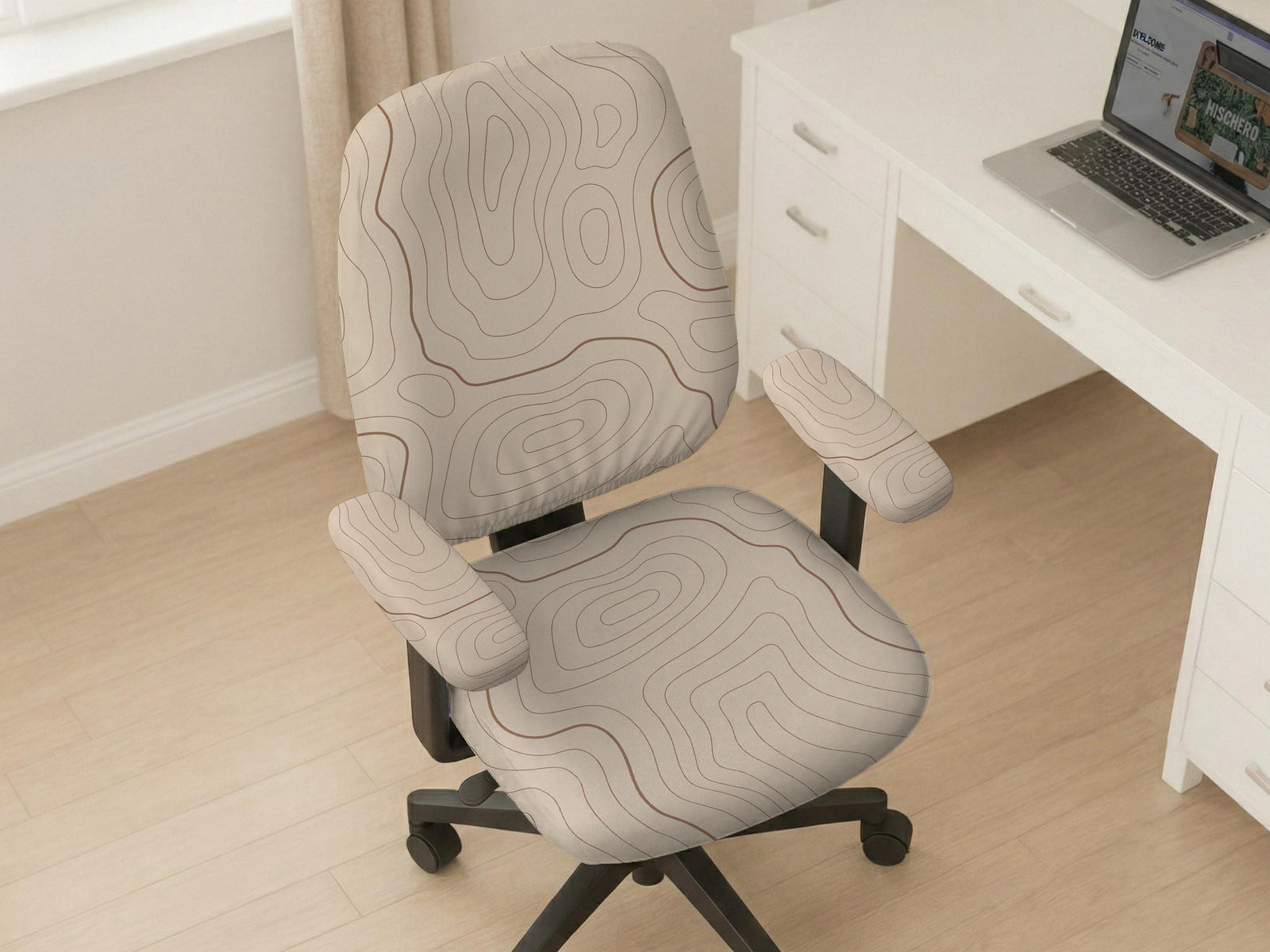 Beige desk chair cover with a topographic line art pattern shown on a chair, with examples of full chair cover, back and seat cover, seat-only cover, and armrest-only cover options.