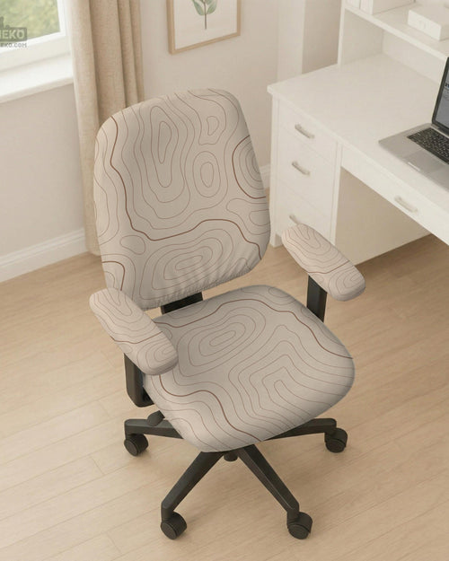 Beige desk chair cover with a topographic line art pattern shown on a chair, with examples of full chair cover, back and seat cover, seat-only cover, and armrest-only cover options.