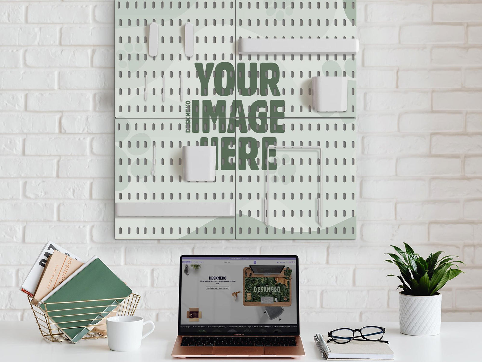 Custom printed desk pegboard organizer with multiple square wall panels and small storage accessories arranged in a grid layout.