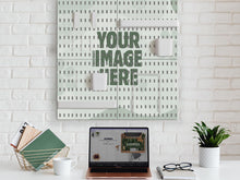Custom printed desk pegboard organizer with multiple square wall panels and small storage accessories arranged in a grid layout.