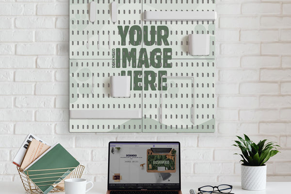 Custom printed desk pegboard organizer with multiple square wall panels and small storage accessories arranged in a grid layout.