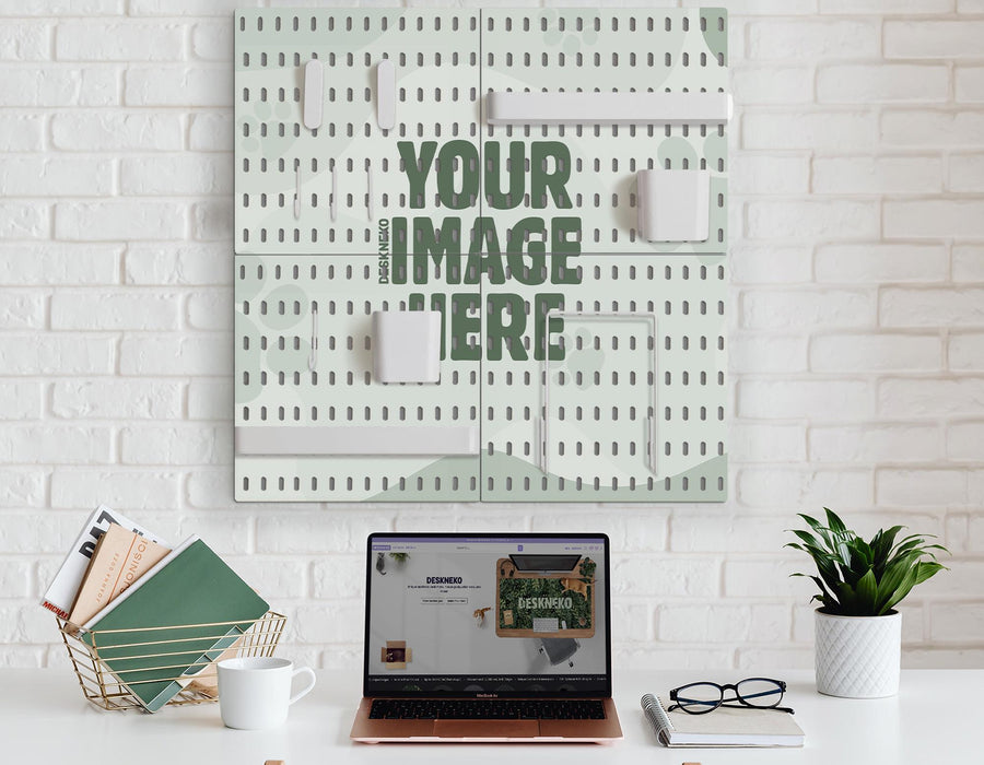 Custom printed desk pegboard organizer with multiple square wall panels and small storage accessories arranged in a grid layout.