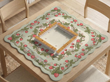 Square mahjong mat with a strawberry floral pattern, sage green background, pink berries, and leafy vines, with a blank center area.