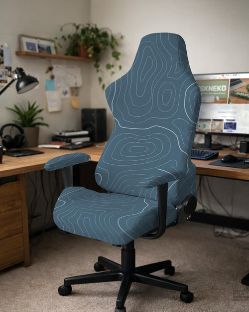 Slate gray chair cover with a blue gray topographic line pattern shown on a high back gaming chair.