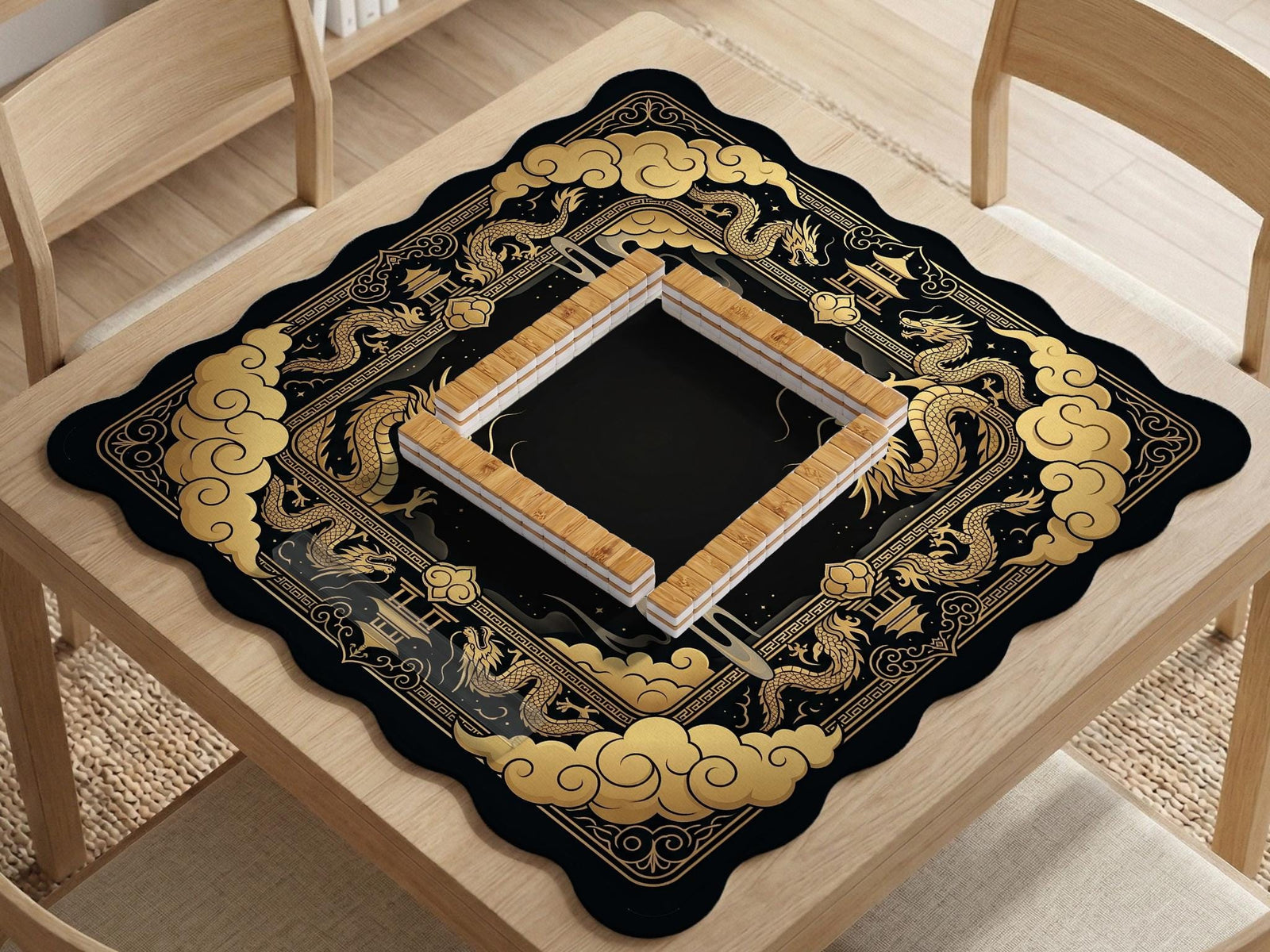 Black and gold mahjong table mat with a scalloped edge, dragon artwork around the border, cloud details, and a clean center area.