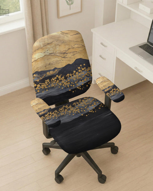 Black and gold marble patterned chair cover shown as a desk chair slipcover with abstract layered design.