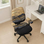 Black and gold marble patterned chair cover shown as a desk chair slipcover with abstract layered design.