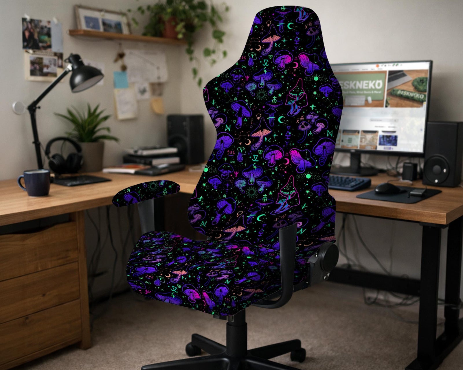 Black chair cover with a repeating pattern of glowing purple mushrooms, green symbols, moons, and stars.