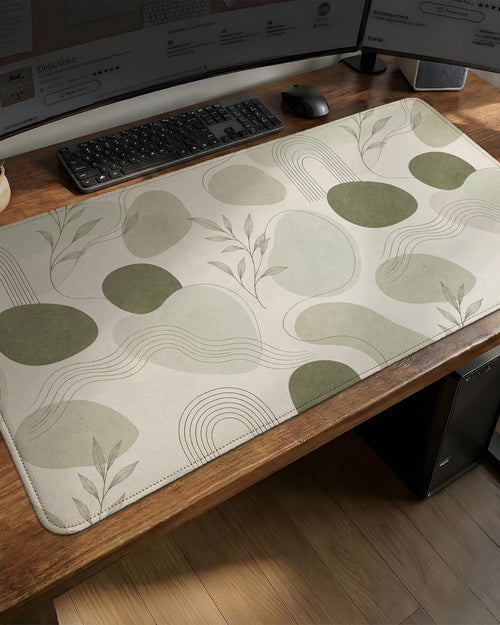 Sage green desk mat with a botanical leaf pattern in a minimal style.