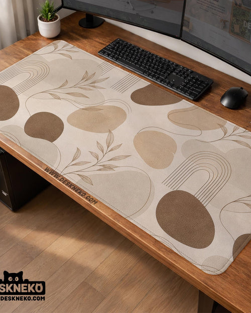 Beige desk mat with fine botanical line drawings and soft abstract shapes on a light neutral background.